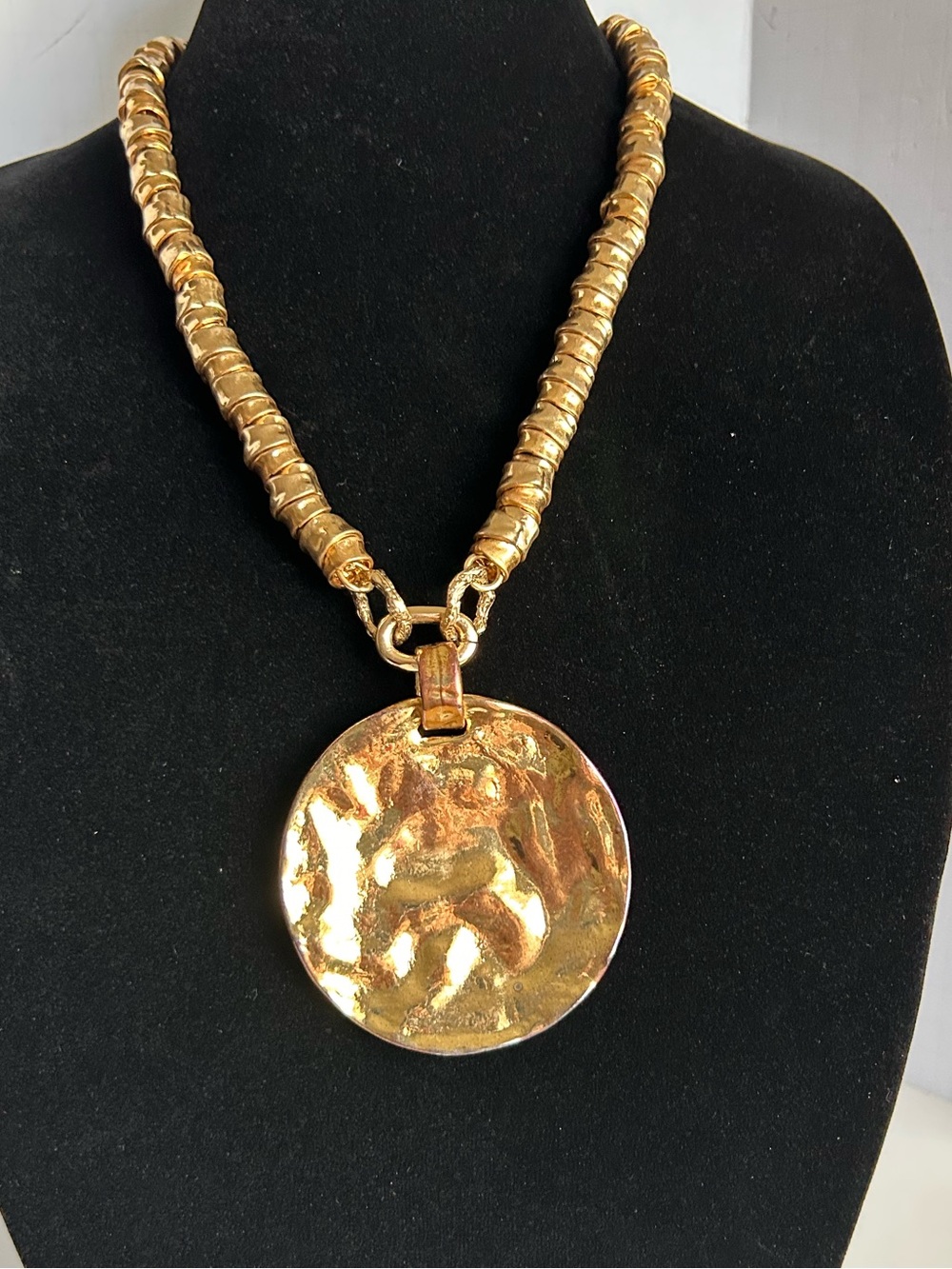 Zara Gold-Tone Hammered Round Pendant Necklace 4 - Picture 2 of 13